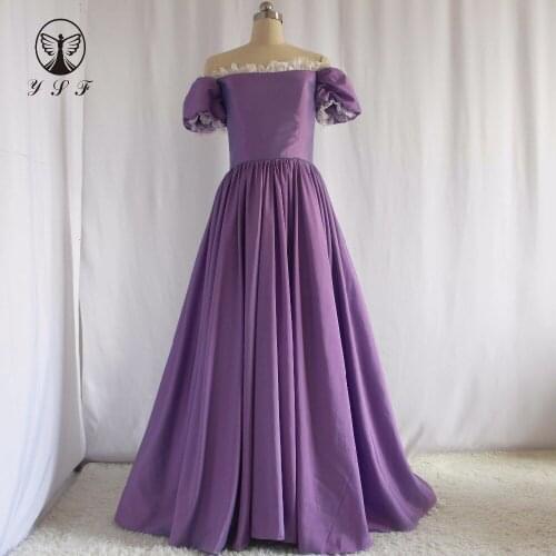 Cheap Vestidos De Formature Boat Neck Short Puffy Sleeve Sweep Train Purple Prom Dresses 2018