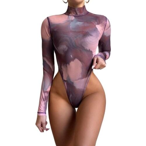 Long Sleeve Turtleneck Tie Dye Print Skinny Bodycon Bodysuit Women Sexy Autumn Winter Streetwear Rompers ropa de mujer 2020 new