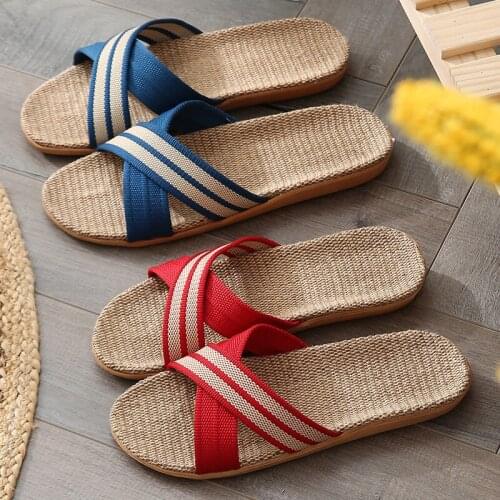 Four Seasons Couple Home Floor Shoes Women/Men Linen Slides Light Slippers Ladies Flax Flip Flops Unisex Non-Slip Thick Sandals