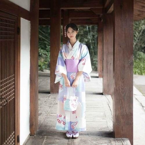 Womens Kimono Robe Traditional Japan Yukata Light Blue Color flowers Prints Summer Dress Performing Wear Cosplay Clothing
