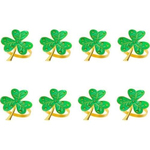 8 Pcs Green Three-Leaf Clover Napkin Ring, Golden Ring Design Emerald Diamond, for Valentines Day Wedding Holiday Party