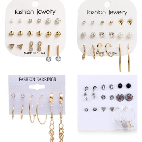 New Fashion Design Crystal Beads Stud Earrings Set For Women Geometric Flower Shell Earring Statement Female Party Jewelry Gifts