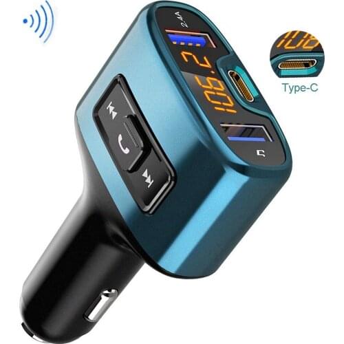 Konrisa FM Transmitter Modulator Bluetooth Music Player with Type-C 18W Quick Charger Handsfree Car Kit Support USB Flash Driver