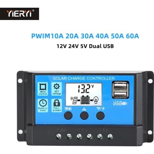 10A 20A 30A 40A 50A 60A Solar Controller 12V 24V Auto PWM 5V Output Circuit Protection Digital LCD Display USB Charger Connector