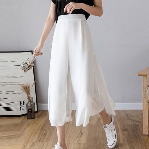 Womens Chiffon Pants Summer Culottes For Women High Waist Wide Leg Casual Loose Long Culottes Pants Trousers Buttoms