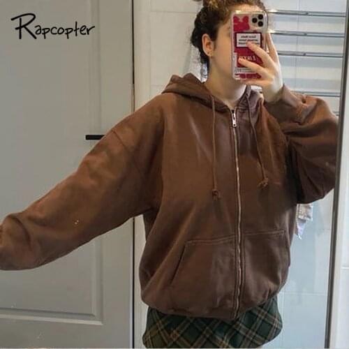 Rapcopter Brown Harajuku Jackets Coat Women Y2K Long Sleeve Outfits Zipper Big Pockets Hoodies Fleece Warm Coat Sweat Outwear