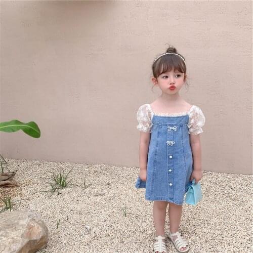 Sweet Little Girls Cute Short Puff Sleeve Denim Dress Fashion Square Collar Solid Color Lace Stitching A-line Short Dress