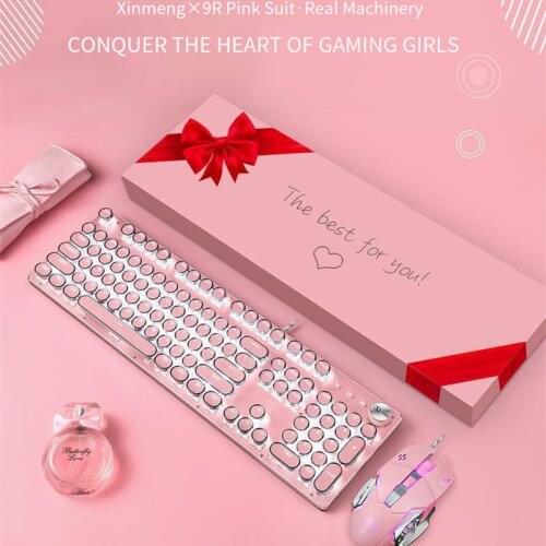 Game Mechanical Keyboard and Mouse Kit Universal Vintage USB Wired Blue Switch Round Keycaps Esports Pink Keyboard and Mouse Set