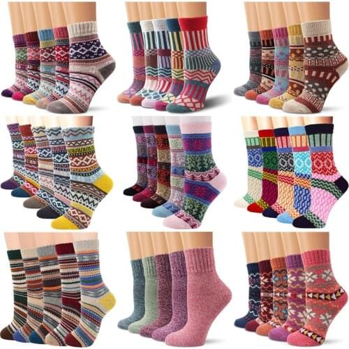 5 Pairs Women Winter Warm Wool Socks Men Thicken Thermal Cashmere Snow Socks Vintage Fashion Thick Male Wool Christmas Crew Sock