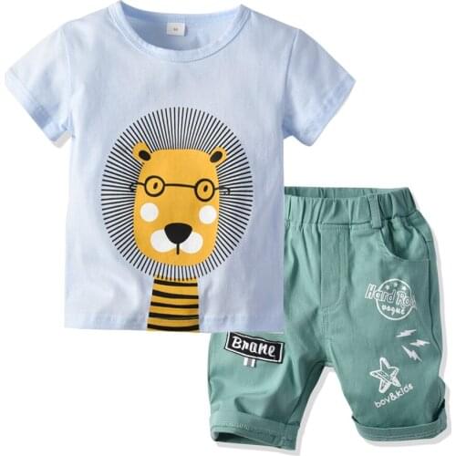 Adorable Toddler Baby Boy Lion Letter Print Outfits Short Sleeve T-shirt High Waist Shorts Children Clothes Set