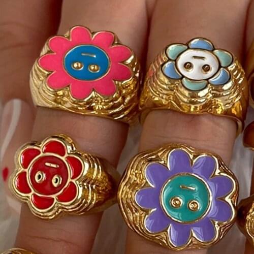 Simple Metal Drop Oil Smiley Gold Color Chunky Rings For Women Lovely Multicolor Enamel Flower Ring Spring Fine Lucky Jewelry