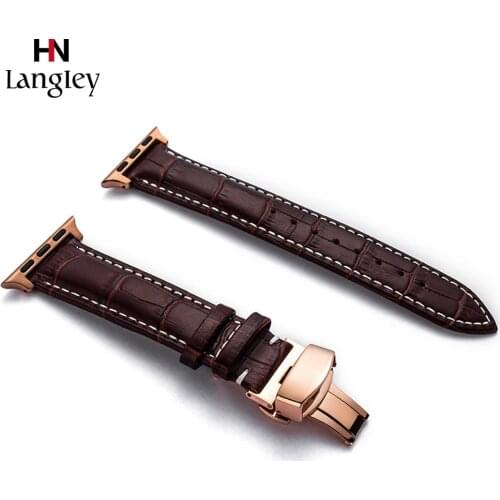 40mm 44mm Band For Apple Watch 5 4 3 iwatch 1 2 38 42mm Bracelet Straps Genuine Leather Double press butterfly clasp Wristband