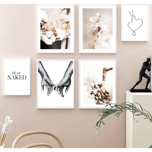 Reed cotton Flower Hand In Hand Line Kiss Wall Art Canvas Painting Nordic Posters And Prints Wall Pictures For Living Room Decor