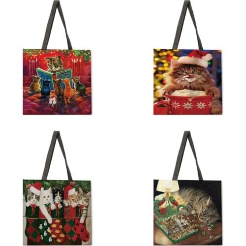 Christmas cat print tote bag linen fabric bag casual folding shopping bag outdoor beach bag everyday handbag