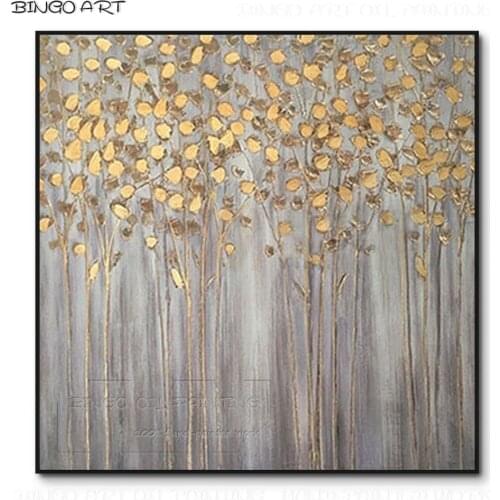 Hand-painted High Quality Abstract Grey Background Golden Tree Gold Leaves Acrylic Painting Hand-painted Tree Acrylic Painting