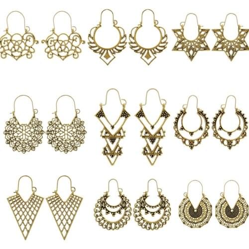 LIMARIO 10 Style Vintage Antique Silver Color Earrings for Women Hollow Carve Flowers Gypsy Tribal Ethnic Dangle Earrings
