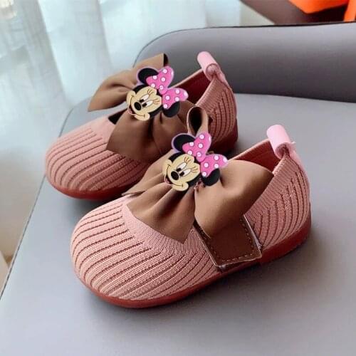 Disney Minnie casual shoes 2021 girls leather shoes new bow square mouth little princess baby soft bottom toddler shoes