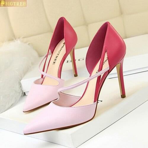 Women Shoes Pointed Toe Pumps Color matching Hollow Word band 9.5CM thin High Heels Boat Wedding Dress Office Shoes