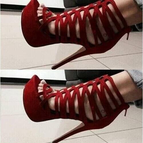 Rome Red Suede Cross Strap Pumps Women Shoes Peep Toe Hollow High Platform Women Shoes High Heels Cut-out Cage Shoes Plus Size