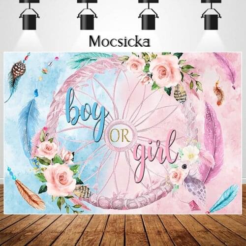 Bohemian Themed Gender Reveal Photography Background Floral Feather Decoration Gender Surprise Baby Shower Backdrops Banner