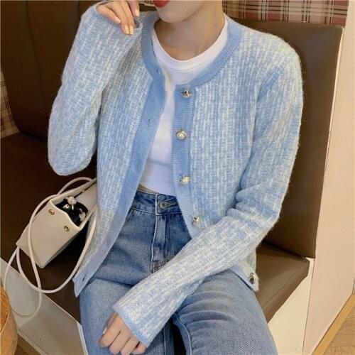 2020 Autumn Elegant Cardigan Women Knitted Cropped Jacket Round Neck Single Breasted Knitted Cardigan Ladies Sweater Coat