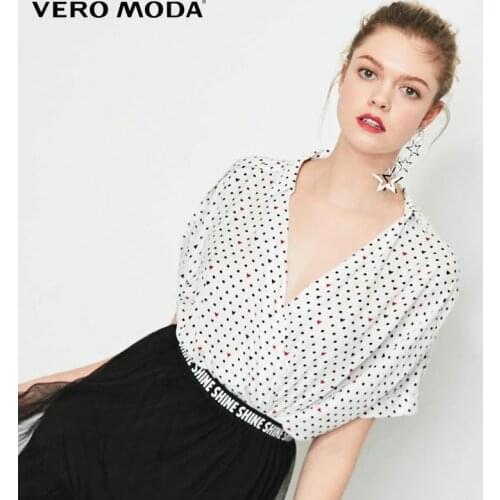 Vero Moda Women Polka Dots V-neckline Printed Rivet Turn-down Collar Tops| 319241508