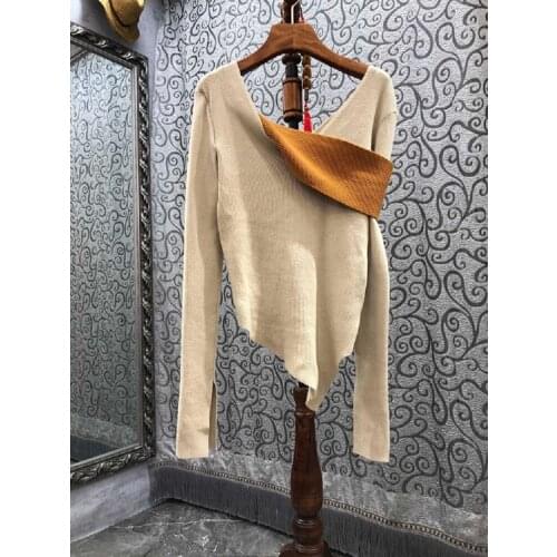 Newest Fashion Sweaters 2021 Autumn Winter Pullovers High Quality Women Sexy V-Neck Cross Chest Color Block Knitted Jumpers