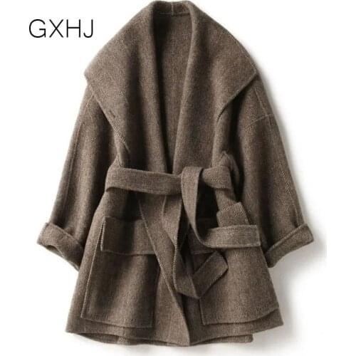 GXHJ Lapel belt women woolen coat plus size Lady Wool Coat Long Sleeve Elegant Office Jacket Female Turn Down Collar Casual Coat