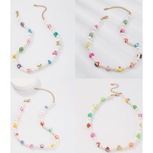 Colorful Fruit Charm Pearl Necklace for Women Short Chain Choker Necklace Girls Neck Chain Cute Cartoon Beads Collar Necklace