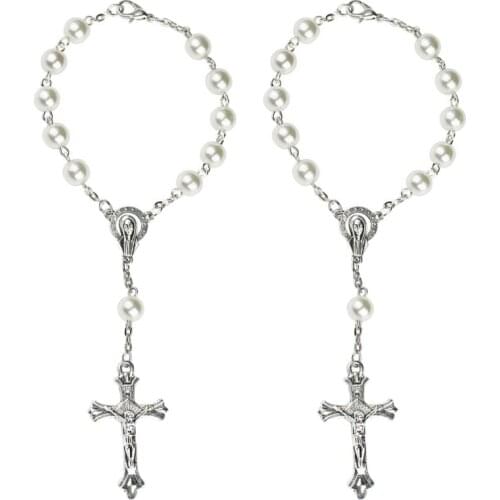 2PCS Catholic Prayer Pearl Beads Rosary Bracelet First Holy Communions Gift Auto Car Rear View Amulet Charm Cross Bead T84A