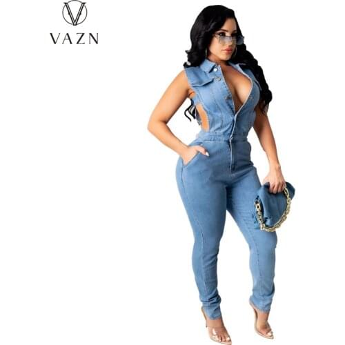 VAZN 2021 Jean Blue Deep V-neck Shinny Sexy Lady Women Party Beach Jumpsuits Full Pant Bandage Rompers