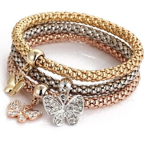 3pcs / Set Three Color Elastic Popcorn Corn Chain Bracelet Animal Butterfly Pendant Bracelet Charm Womens Party Jewelry