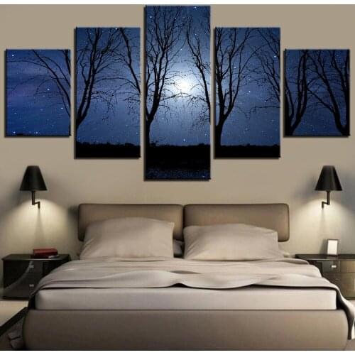 5 Pieces Trees Canvas Painting Satrry Sky Posters Stars Wallpapers Landscape Forest Pictures For Home Room Improvement Decor Art