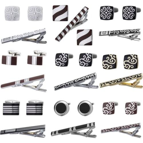 C-MAN 13 styles Luxury Men Classic Cufflink and Tie Clip Set Black Tie Clips Set Brand Copper Business Shirt Cuff Links Bar Set
