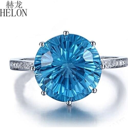 HELON Solid 14K White Gold Flawless Round 10mm Swiss Blue Topaz Diamonds Engagement Ring Women Birthday Anniversarry Best Gift