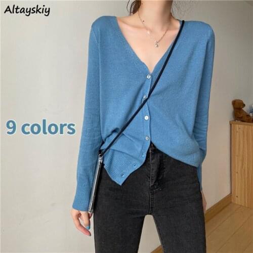 Cardigan Women Korean Long Sleeve Summer Knitwear V-neck Sunproof Ladies All-match Preppy Elegant Clothing Stretchy Simple Chic
