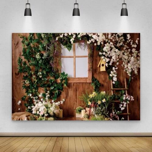 Laeacco Wooden Board Spring Flowers Potted Plants Photography Backdrop Interior Scene Baby Shower Photo Background Photo Studio
