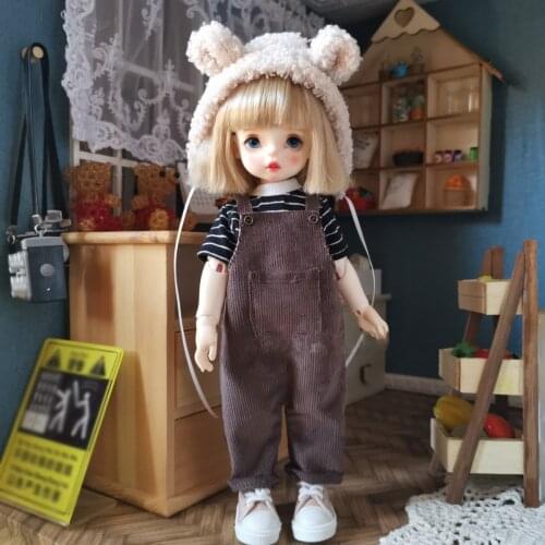 BJD doll clothes suit suitable for 1-6 size YOSD cute brown bib and bear hat suit baby clothes doll accessories