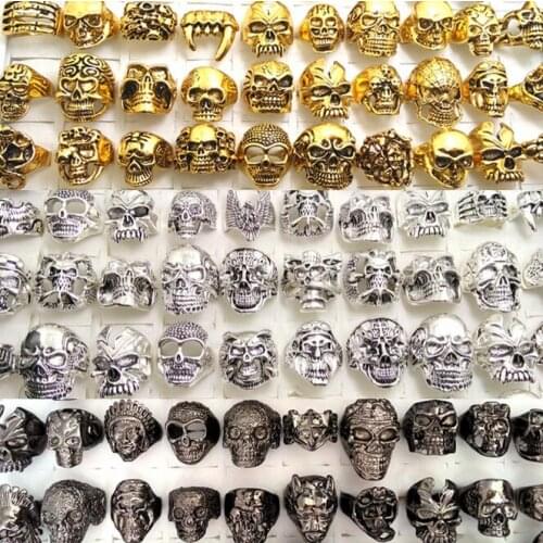 Wholesale 50PCS Black/Gold/Silver Mixed Mens BIG HEAD Skull Rings Alloy PUNK Jewelry
