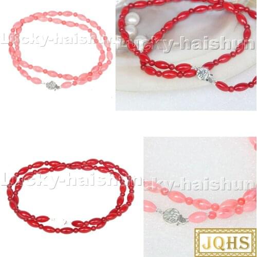Natural 18" Baroque rice round red pink coral beads necklace 925 silver clasp c125