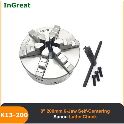 200mm 8 Inch 6 Jaw Lathe Chuck Self Centering SANOU K13-200 Hardened Reversible Mounting Tool for Drilling Milling Woodworking
