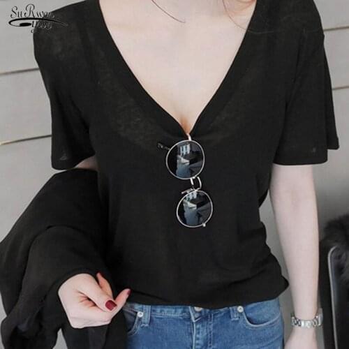 Sexy Low O-neck Thin Slim Fit Casual Short Sleeve Shirt Solid Korean Women Clothing Ladies Tops Summer Shirt Women 9269 50