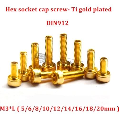 30pcs M3 Allen Screw Hex socket Knurled Cap Head Screw Carbon steel Ti gold Plated Cylinder Allen Machine Screw Bolt