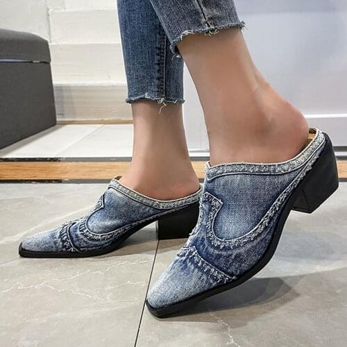 Fashion Women Shoes Denim Summer Slip-On Casual Beach Square High Heels Breathable Slippers Comfortable Walking Loafers Shoes