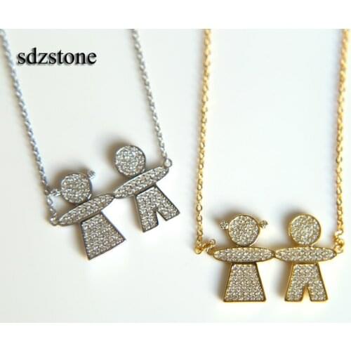 Top quality cute boy girl together 925 sterling silver delicate girlfriend gift silver fine bling cz necklace