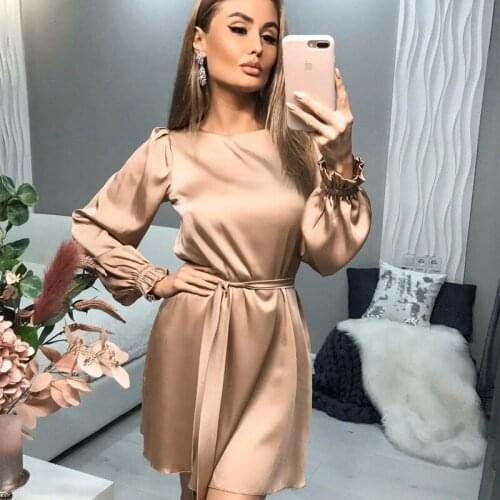 Bright Satin Soft Autumn Dress 2021 Fashion Women Long Lantern Sleeve Bandage Slim Casual Dresses Purple Green Solid Vestidos