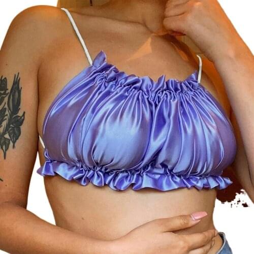 Woman Sleeveless Satin Crop Vest Solid Color Backless Fold Ruffle Tank S-L 4Color K21L03000