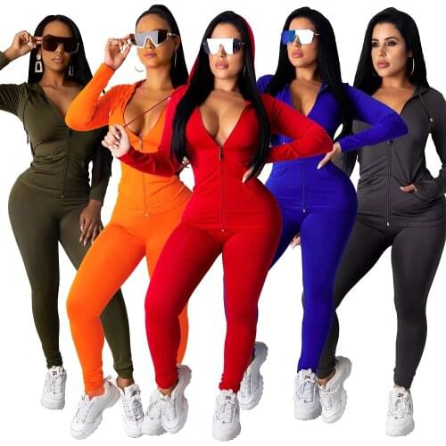 Womens sportswear two-piece zipper long-sleeved hooded sweatshirt top + fitness pants suit sports suit
