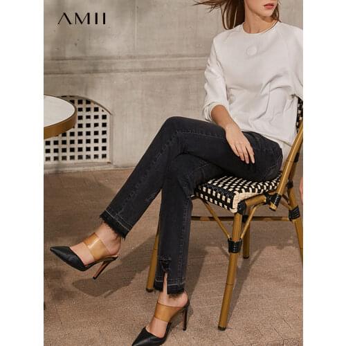 Amii Minimalism Spring Summer Causal Jeans For Women Fashion High Waist Slim Fit Irregular Hem Pants Womens Jeans 12130096