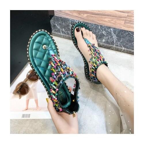 2021 new clip-pin color matching fashion rhinestone fairy style flat bottom wild Roman sandals women